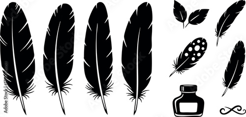 Feather silhouette vector set with ink bottle and infinity symbol for creative design use