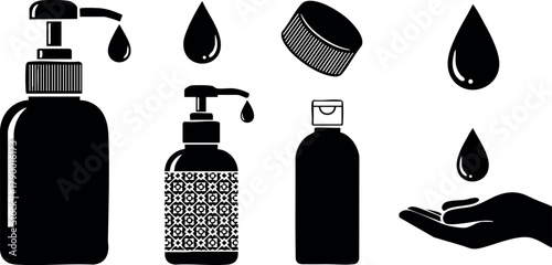 Liquid soap dispenser bottles with pump and hand washing icons in black silhouette style vector