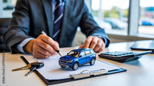 Car insurance agent signing contract with miniature vehicle on desk
