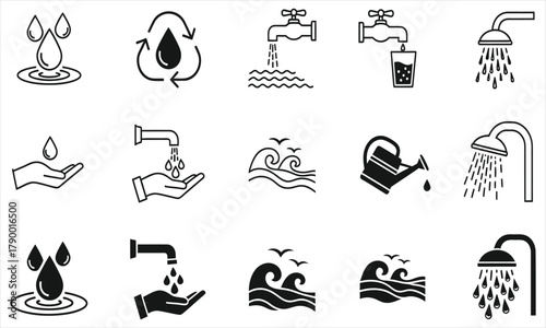 Water conservation and usage icons droplets, taps, hands, waves, and watering can