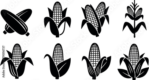 Corn icons set with various styles of cobs and leaves in black silhouette vector design for agriculture and food themes