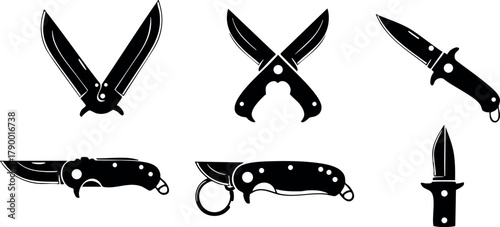 Folding pocket knives vector set with sharp blades and handles in black silhouette style for outdoor and survival uses