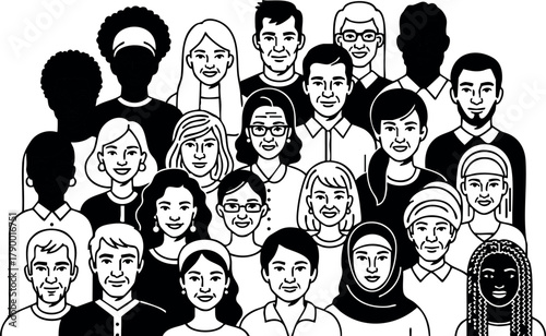 Diverse group of people standing together with various facial expressions and hairstyles vector illustration