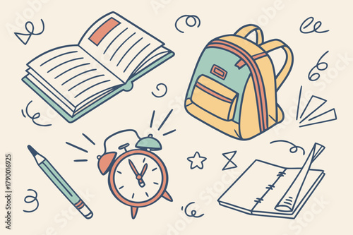 Back to school education supplies and stationery with a backpack, an open book, a pencil and an alarm clock