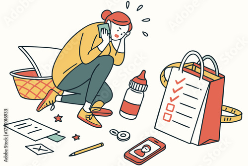 Overwhelmed mother surrounded by baby essentials, a sketch depicting the chaos of parenthood