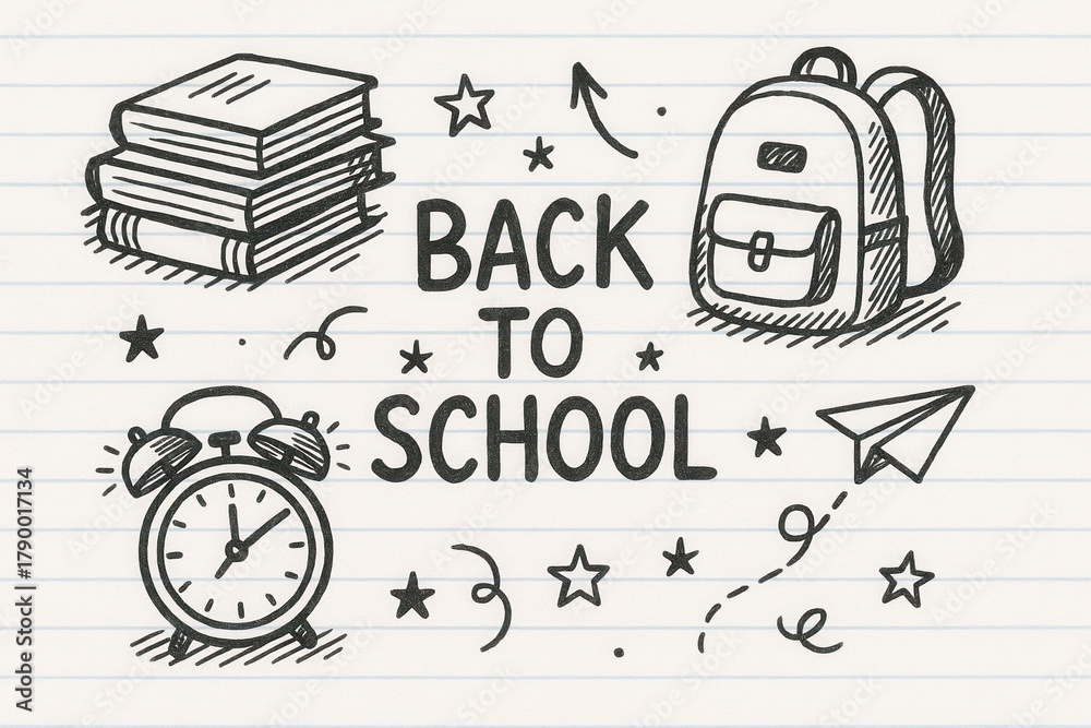 Naklejka premium Back to school hand drawn illustrations with books, backpack, clock and paper airplane