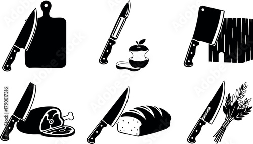 Kitchen knives and cutting boards with meat, bread, vegetables, and fruits in black silhouette vector set