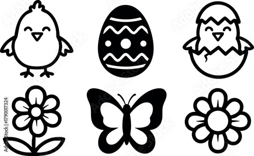 Easter chick egg flower butterfly simple black line art vector icons and symbols set for spring celebration design