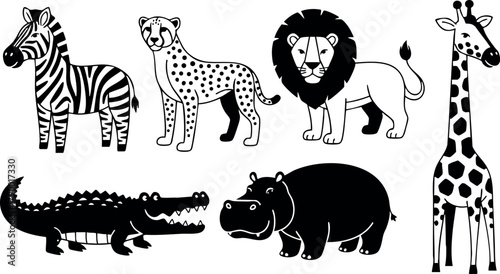African wild animals vector set with zebra cheetah lion giraffe crocodile and hippopotamus in black and white style