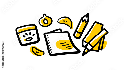 Notebook and stationery arrangement doodle illustration 