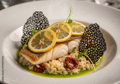 Seared fish fillet with lemon slices on creamy risotto and black tuille garnish