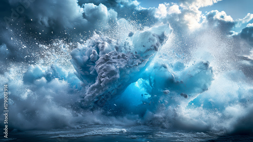 Massive iceberg explosion with water and ice fragments under dramatic sky