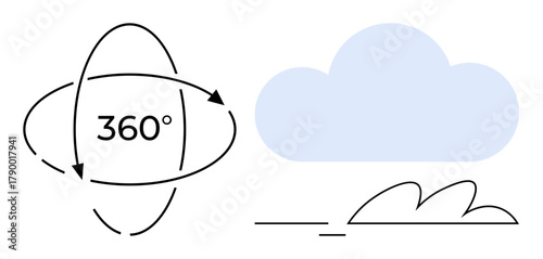 360-degree rotation arrows encircling text and simplistically drawn cloud over stylized ground. Ideal for technology, virtual reality, data storage, innovation, exploration, environment, simple flat