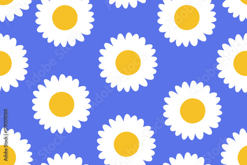 Seamless pattern with sunny daisy blossoms. Summer flowers, endless floral ba...