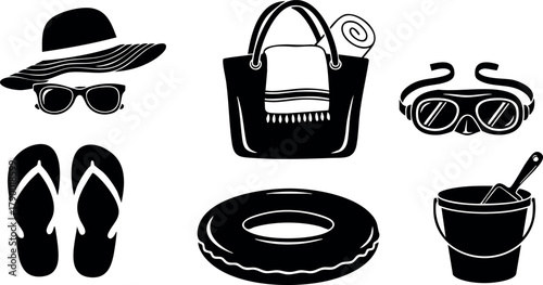 Summer beach accessories collection with hat sunglasses flip flops bag float bucket and goggles for vacation and leisure activities
