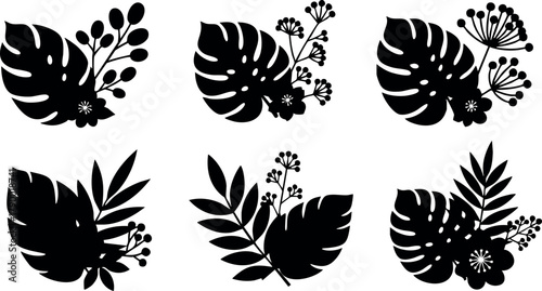 Tropical leaves and floral silhouette vector set with exotic plant shapes and botanical elements in black and white style