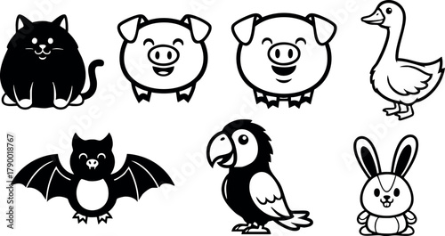 Cute black cat pig bat parrot goose rabbit vector illustrations for children and design projects