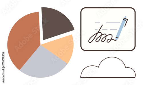 Pie chart with segments, digital signature on touchscreen, and cloud icon highlight themes of data analysis, digital workflow, online storage, technology, business operations, organization
