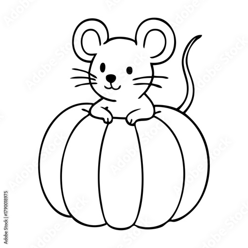 Dibujo sencillo con líneas de ratón simpático asomando de una calabaza para tarjetas y felicitaciones del Día de Acción de Gracias 