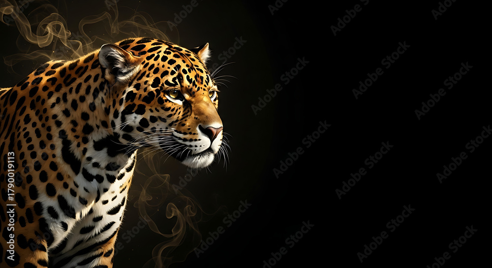 Obraz premium Close-up portrait of a majestic jaguar in a smoky, atmospheric setting