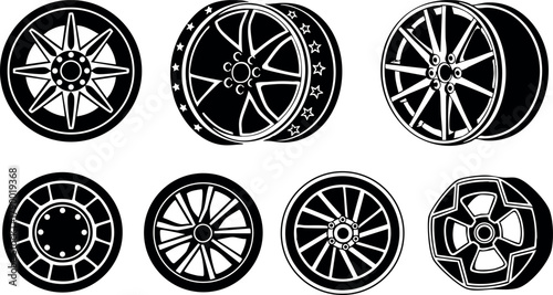 Car wheels rim set vector collection various styles black and white design elements for automotive use