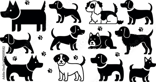 Various dog breeds silhouettes and paw prints in simple black vector style perfect for pet and animal design projects