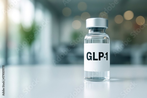 A clear glass vial labeled GLP-1 sits on a white surface. The background is softly blurred, featuring a modern, well-lit environment.