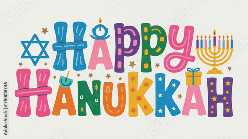 Wish your loved ones Happy Hanukkah with this vibrant cheerful lettering design with menorah and dreidel symbols