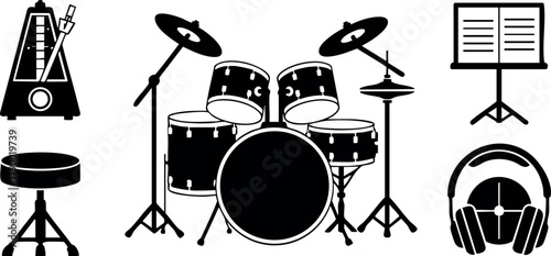 Drum set with metronome headphones music stand and drum stool vector illustration in black silhouette style