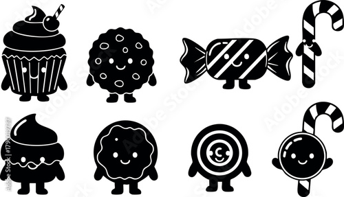 Candy and cupcakes vector icons set black silhouette style sweet treats design elements
