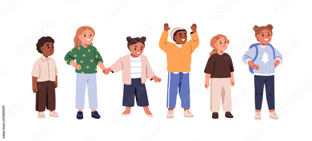 © Good Studio - Children group standing in row, smiling. Happy cheerful boys and girls. Joyful kids playing, positive emotions. Cute diverse schoolkids. Flat vector illustration isolated on white background