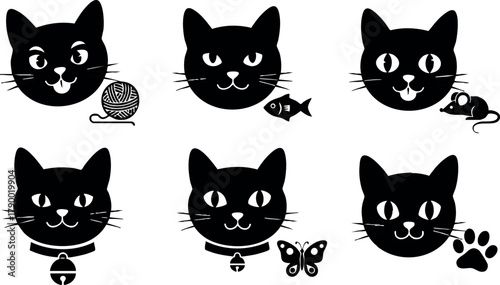 Black cat faces with playful accessories and animal companions vector set for fun pet design elements