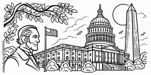 Striking linework showing Washington DC icons 
Capitol Building, Washington Monument, and American flag for patriotic projects