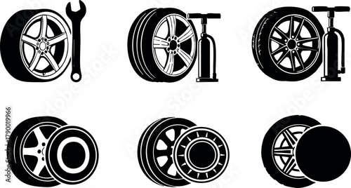 Car wheels and tire change tools vector set with wrench and tire pump illustration