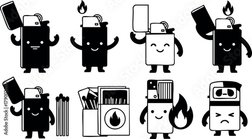 Cute cartoon lighters with smiling faces and fire flame vector illustration in black and white style