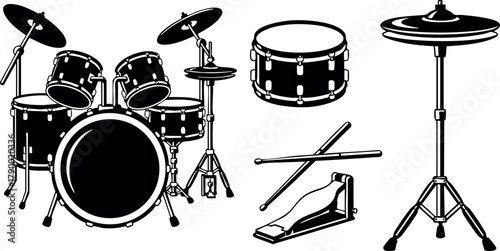 Drum kit with cymbals snare drum sticks and pedal vector illustration in black and white silhouette style
