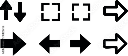Collection of basic black arrow icons pointing in various directions with filled and outline styles vector illustration