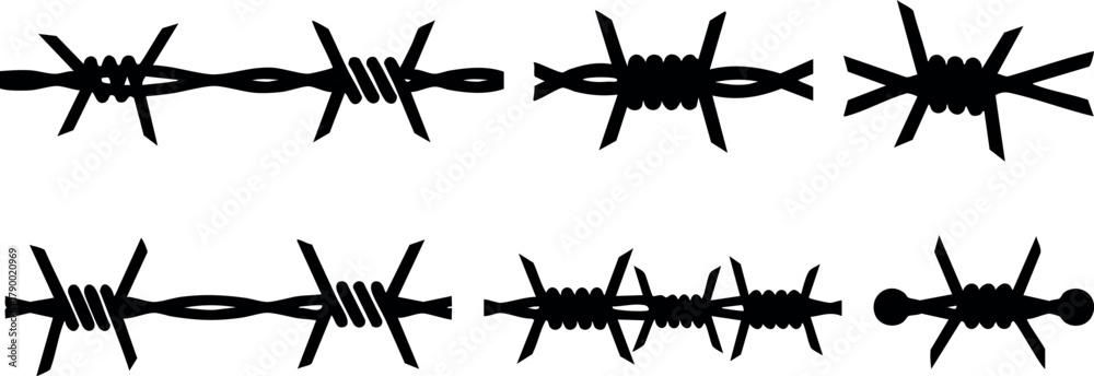 Fototapeta premium Barbed wire vector illustration with sharp points and twisted strands in black silhouette style for design and security concepts