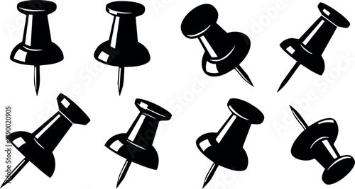 Black push pins set collection with different angles and shadows vector illustration