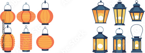 Assortment of Orange Paper Lanterns and Blue and Yellow Lanterns light illumination