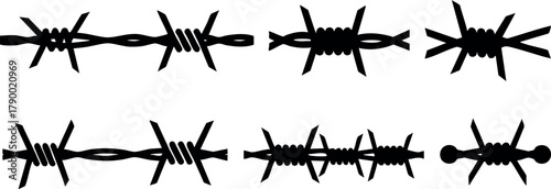 Barbed wire vector illustration with sharp points and twisted strands in black silhouette style for design and security concepts