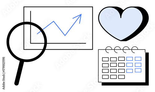 Magnifying glass over growth chart, heart icon, and calendar symbolize data analysis, success tracking, planning, strategy, decision-making, goal setting and time management. Ideal for productivity
