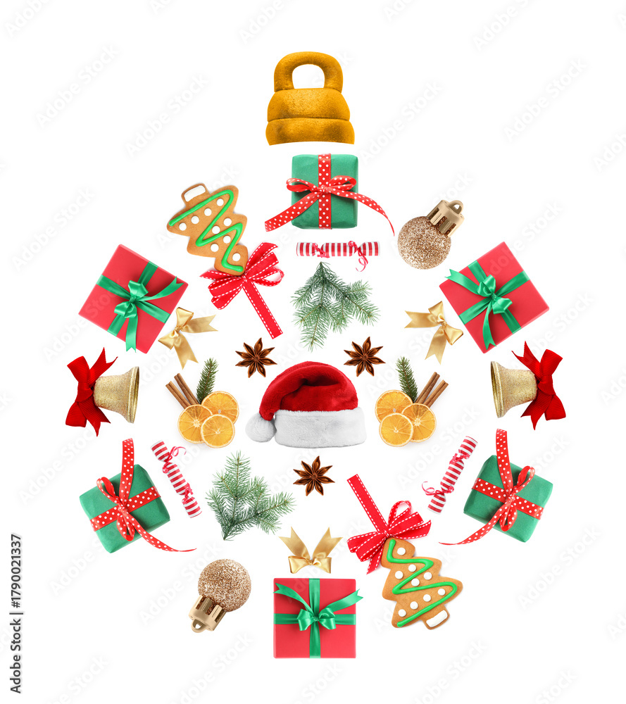 Fototapeta premium Christmas ball shape made of festive decor, gift boxes and cookies on white background