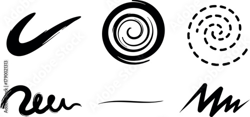 Abstract black ink brush strokes and swirl shapes vector design elements for creative projects and artistic compositions