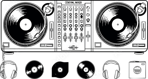 DJ turntable setup with vinyl records headphones and mixer vector illustration in monochrome style