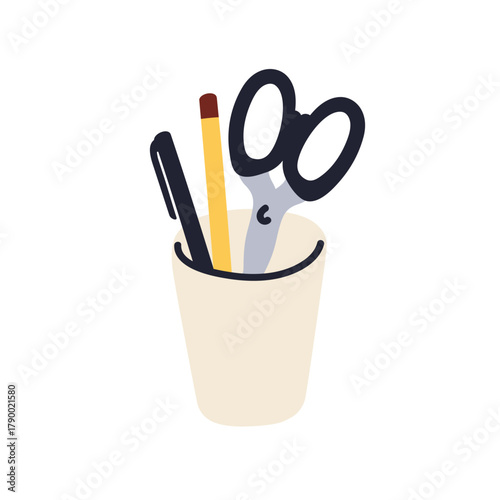 Pencil holder with office and school stationery, pen and scissors. Tools, sup...
