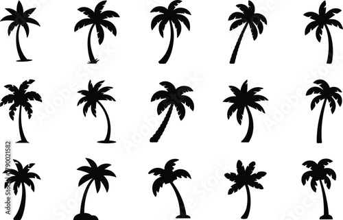 Black silhouette icons of palm trees in diverse poses and styles coconut tree tropical tree