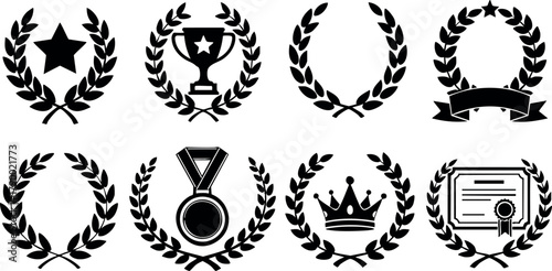 Laurel wreath icons with trophy, star, medal, crown, certificate award design elements vector set