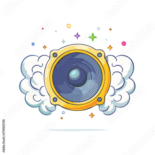 Floating cartoon music speaker with powerful sound clouds and colorful stars