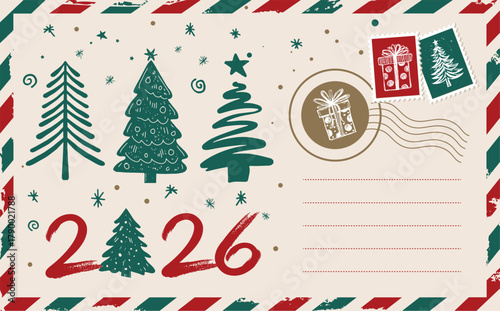 New Year 2026 card, postcard, hand drawn illustration.	
